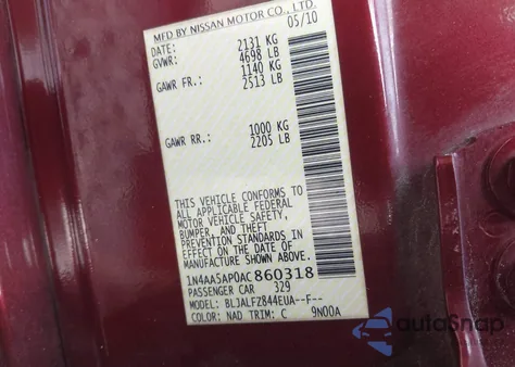 2010 Nissan Maxima 3.5 Sv from USA, damaged, VIN 1N4AA5AP0AC860318